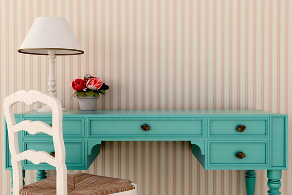 Teal Vanity and Chair with Horizontal Line Wallpaper